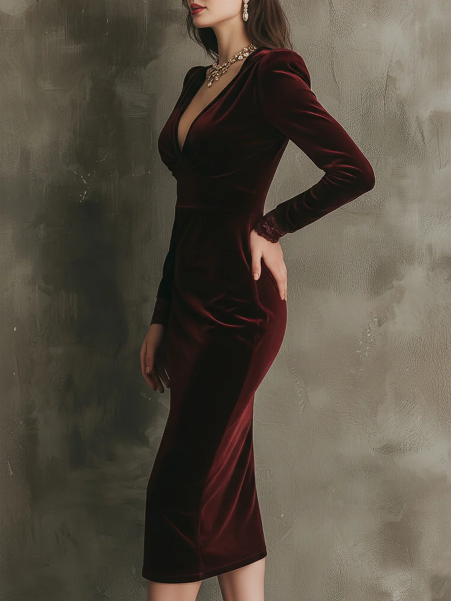 Radiyn Burgundy Velvet Deep V Neck Lace Cuff Midi Dress