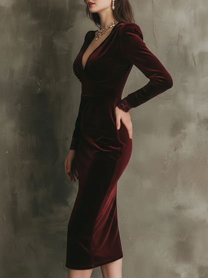 Radiyn Burgundy Velvet Deep V Neck Lace Cuff Midi Dress