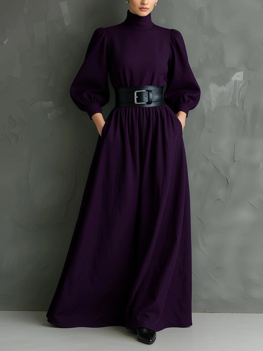 Radiyn Dark Purple Turtleneck Puff Sleeve Belted Maxi Dress