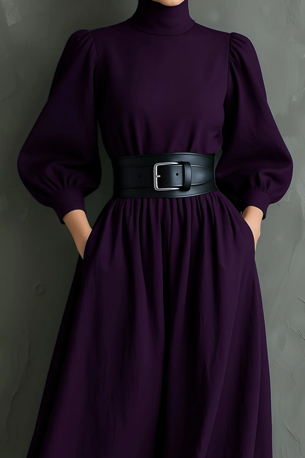 Radiyn Dark Purple Turtleneck Puff Sleeve Belted Maxi Dress