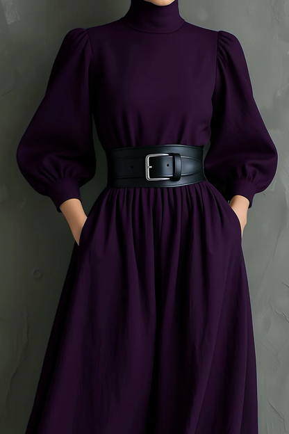 Radiyn Dark Purple Turtleneck Puff Sleeve Belted Maxi Dress