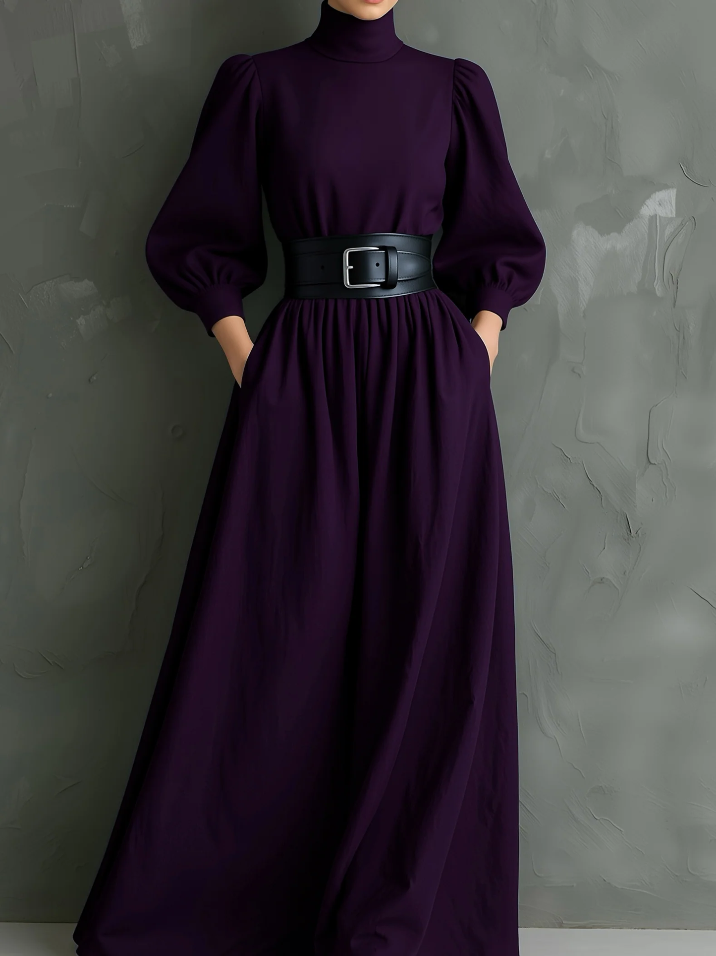Radiyn Dark Purple Turtleneck Puff Sleeve Belted Maxi Dress