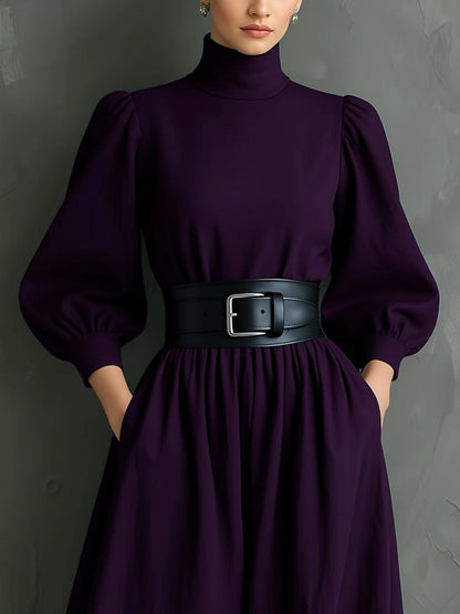 Radiyn Dark Purple Turtleneck Puff Sleeve Belted Maxi Dress