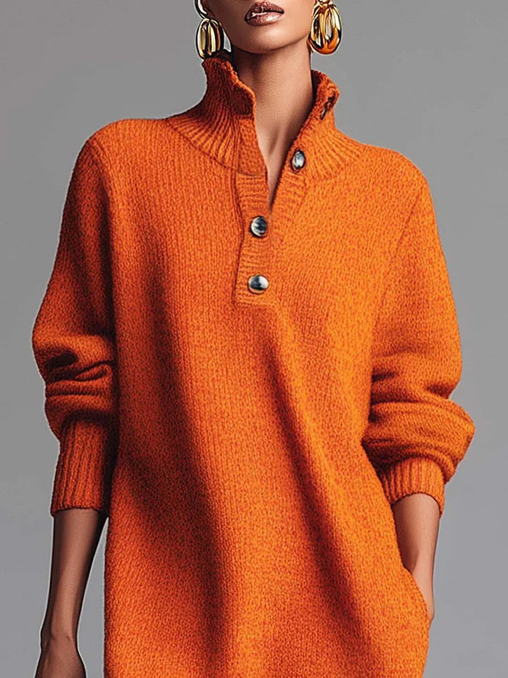 Radiyn Orange Mock Neck Button Front Oversized Knit Midi Dress