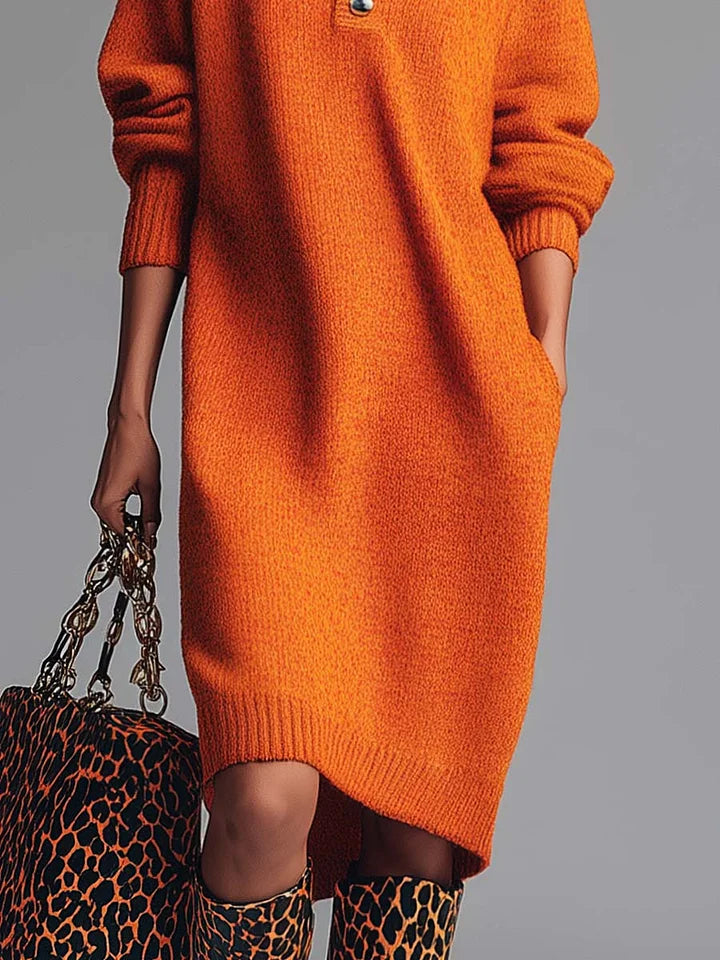 Radiyn Orange Mock Neck Button Front Oversized Knit Midi Dress