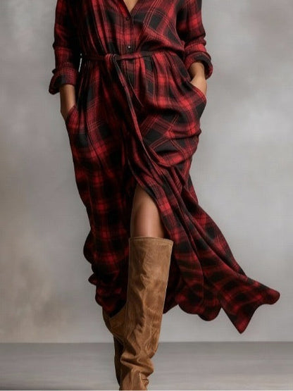 Radiyn Red Plaid Belted Long Sleeve Maxi Shirt Dress
