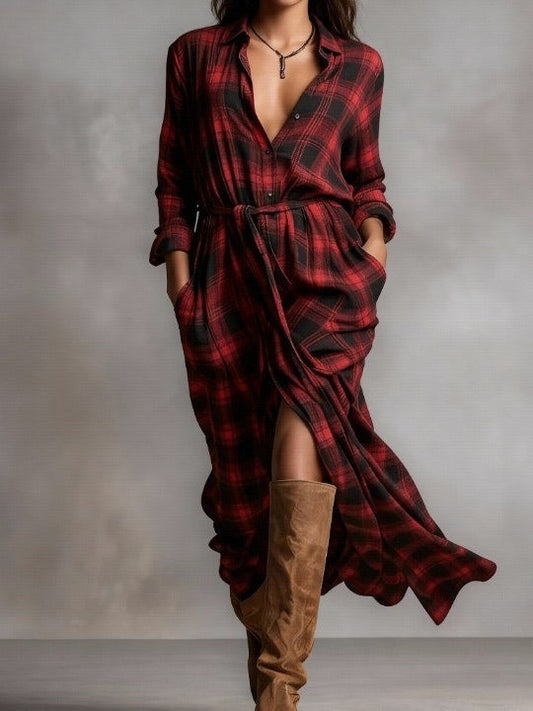 Radiyn Red Plaid Belted Long Sleeve Maxi Shirt Dress