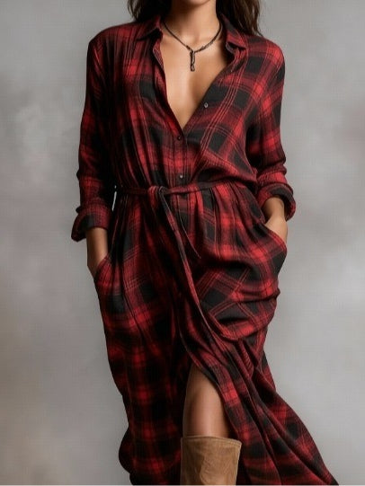 Radiyn Red Plaid Belted Long Sleeve Maxi Shirt Dress