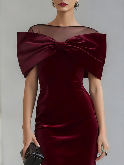 Radiyn Burgundy Velvet Mesh Yoke Oversized Bow Midi Dress