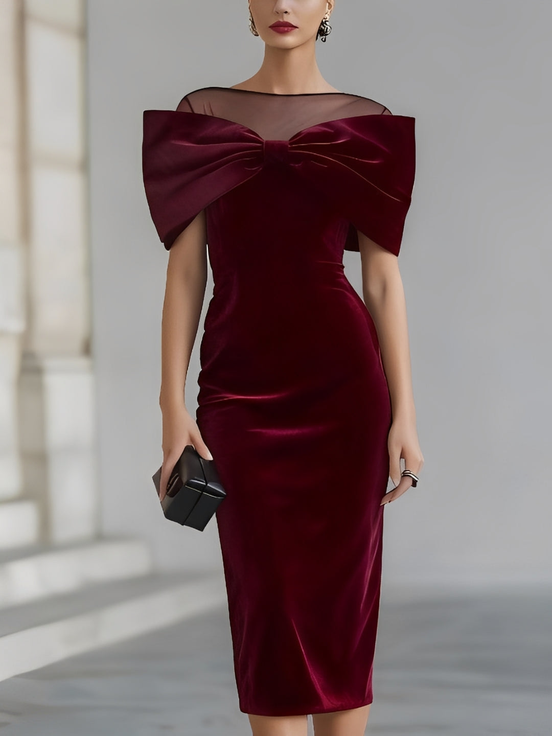 Radiyn Burgundy Velvet Mesh Yoke Oversized Bow Midi Dress